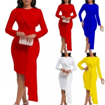 Fashion Solid Color Round Neck Long Sleeve Irregular Hemline Bodycon Dress
