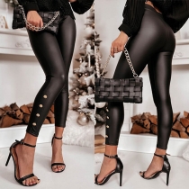 Fashion Buttoned Artificial Leather PU Skinny Pants