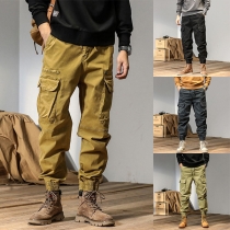 Street Fashion Solid Color Side Patch Pockets Cargo Pants for Men