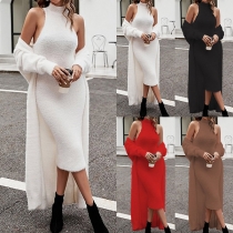 Sexy Solid Color Knitted Two-piece Set Consist of Cardigan and Mock Neck Sleeve Bodycon Dress