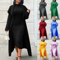 Sexy Solid Color Knitted Two-piece Set Consist of Cardigan and Mock Neck Sleeve Bodycon Dress