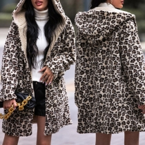 Street Fashion Leopard Printed Long Sleeve Hooded Plush Cardigan