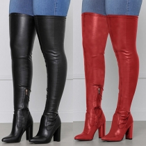 Street Fashion Solid Color Side Zipper Block Heeled Over-the-knee Boots