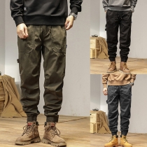 Fashion Solid Color Plush Lined Drawstring Waist Cargo Pants for Men