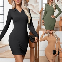 Fashion Solid Color Stand Collar V-neck Long Sleeve Bodycon Dress