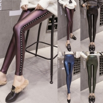 Street Fashion Rivet Plush Lined High-rise Artificial Leather PU Skinny Leggings