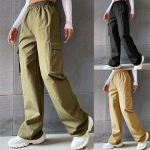 Fashion Solid Color Side Patch Pockets Elastic Waist Straight Cut Pants