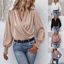 Fashion Solid Color V-neck Long Sleeve Shirt