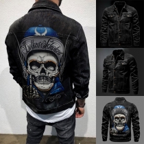 Punk Style Skull Printed Old-washed Stand Collar Long Sleeve Denim Jacket for Men