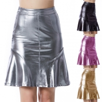 Fashion Bright Color High-rise Ruffled Hemline Artificial Leather PU Skirt