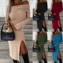 Sexy Solid Color Off-the-shoulder Long Sleeve Slit Bodycon Dress