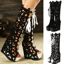 Street Fashion Hollow Out Lace-up Open-toe Platform Boots
