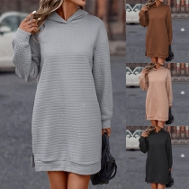Fashion Solid Color Long Sleeve Slit Hooded Sweatshirt Dress