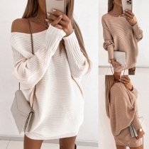 Fashion Solid Color Round Neck Long Sleeve Knitted Dress