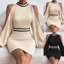 Elegant Contrast Color Stripe Mock Neck Slit Long Sleeve Bodycon Dress （Size Run Small）