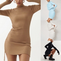 Fashion Solid Color Turtleneck Long Sleeve Side Drawstring Ribbed Bodycon Dress