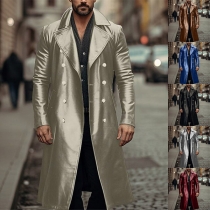 Vintage Double Breasted Notch Lapel Artificial Leather PU Longline Jacket for Men