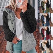 Fashion Contrast Color Long Sleeve Hooded Plush Jacket