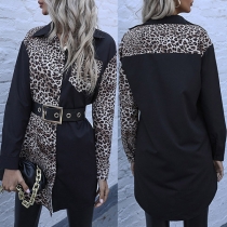 Fashion Leopard Print Contrast Color Stand Collar Long Sleeve Shirt Without Belt