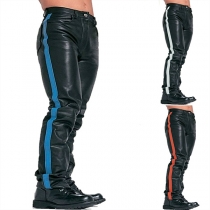 Fashion Contrast Color Artificial Leather PU Pants for Men