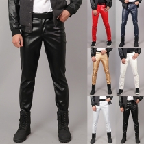 Fashion Contrast Color Artificial Leather PU Pants for Men