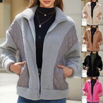 Casual Plush Spliced Quilted Stand Collar Long Sleeve Zipper Jacket