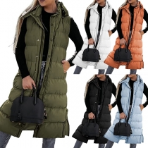 Fashion Solid Color Quilted Stand Collar Hooded Sleeveless Vest