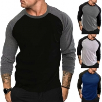 Casual Contrast Color Round Neck Long Sleeve Shirt for Men