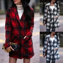 Vintage Contrast Color Checkered Lapel Long Sleeve Duffle Jacket