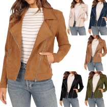Street Fashion Notch Lapel Slant Zipper Long Sleeve Crop Jacket