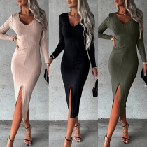 Elegant Solid Color V-neck Long Sleeve Slant Ribbed Dress