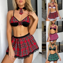 Sexy Plaid Lace Spliced Three Piece Cosplay Set for Halloween