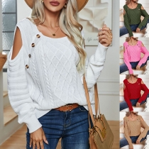 Fashion Solid Color Open Shoulder Round Neck Long Sleeve Knitted Sweater