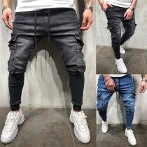 Street Fashion Old-washed Side Patch Pockets Drawstring Denim Jeans for Men