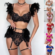 Fashion Artificial Feather Spliced Lace Three-piece Lingerie Set
