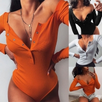 Sexy Solid Color Buttoned V-neck Long Sleeve Ribbed Bodysuit