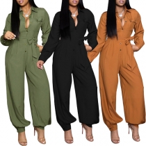 Fashion Solid Color Stand Collar Buttoned Long Sleeve Self-tie Jumpsuit