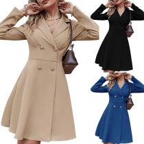 Fashion Solid Color Notch Lapel Double Breasted Dress
