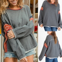Casual Contrast Color Patttern Round Neck Long Sleeve Frayed Hemline Shirt
