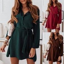 Fashion Solid Color Stand Collar Long Sleeve Self-tie Dress