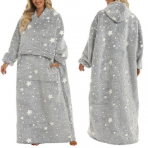 Fashion Fluorescence Star Long Sleeve Hooded Front Pockets Plush Long TV Blanket Hooded Loungewear