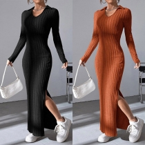 Fashion Solid Color Stand Collar V-neck Long Sleeve Slit Ribbed Maxi Dress