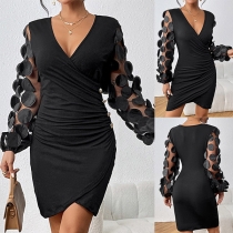 Sexy Lace Spliced V-neck Long Sleeve Buttoned Irregular Hemline Dress