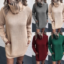 Elegant Solid Color Turtleneck Long Sleeve Side Pockets Knitted Sweater Dress
