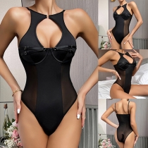 Sexy Semi-through Gauze Spliced Front Cutout Backless Halterneck Lingerie Bodysuit