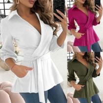 Fashion Solid Color Stand Collar V-neck Long Sleeve Self-tie Shirt with Side Pockets