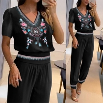 Fashion Printed Two-piece Set Consist of V-neck Shirt and Pants