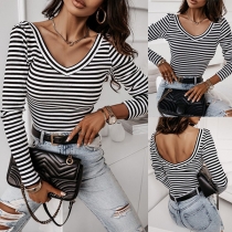 Fashion Contrast Color White and Black Stripe Printed V-neck Long Sleeve Backless Shirt