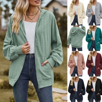 Casual Solid Color Long Sleeve Patch Pockets Drawstring Hooded Cardigan