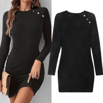 Fashion Buttoned Round Neck Long Sleeve Bodycon Ribbed Dress （Elastic）